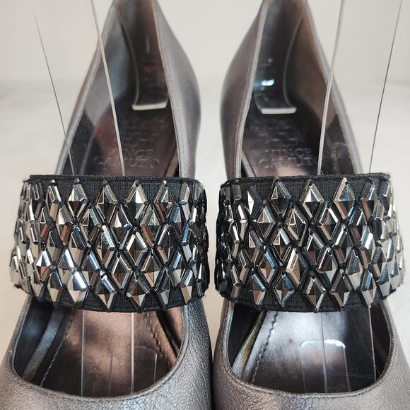 Glam Goth Platform Heels 6.5 Silver Gunmetal Metallic Studded Peep Toe Mary Jane - Picture 5 of 12